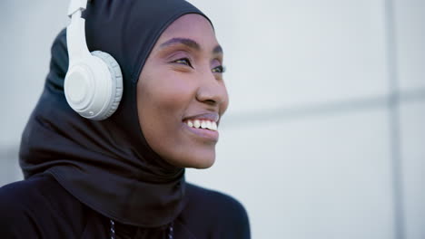 woman, smile and headphones for listening to song