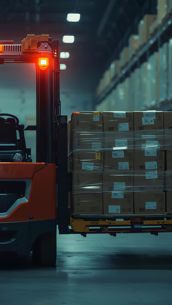 Vertical video: Entering left frame forklift carrying wrapped pallet, moving down aisle with lights