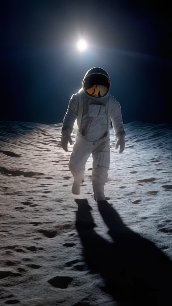 A lone astronaut walks on the moon's surface, illuminated by the distant sun, exploring the desolate landscape with a sense of awe and wonder in the vastness of space