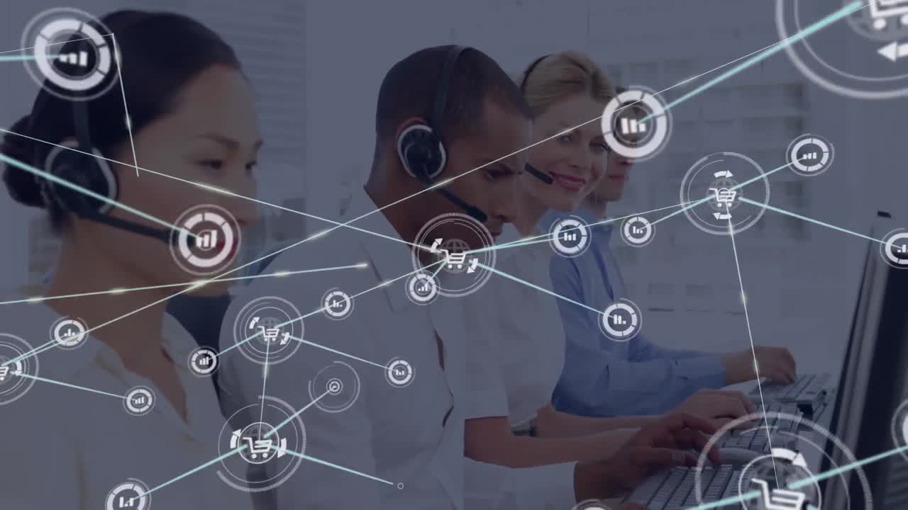Animation of network of connection with icons over business people wearing phone headsets