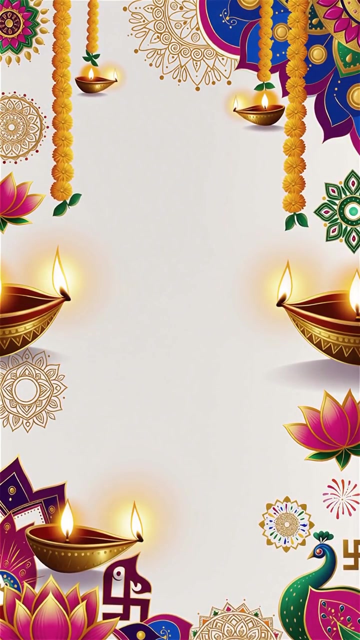 Sfondo Diwali con Diyas luminosi, Rangoli e fiori di loto