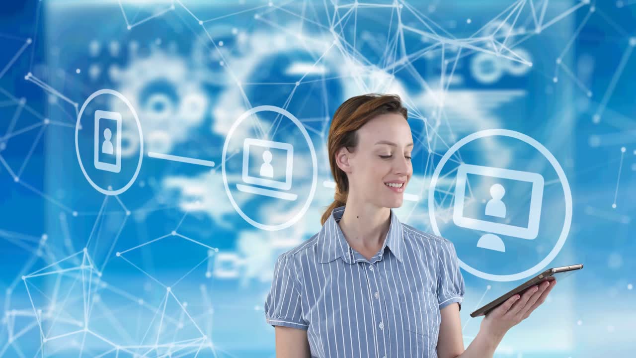 iconos digitales sobre una mujer usando una tableta digital contra una red de conexiones en un fondo azul