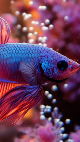 colorful betta fish swims among corals. a vibrant betta fish glides through a colorful coral reef during a serene underwater moment in the ocean.