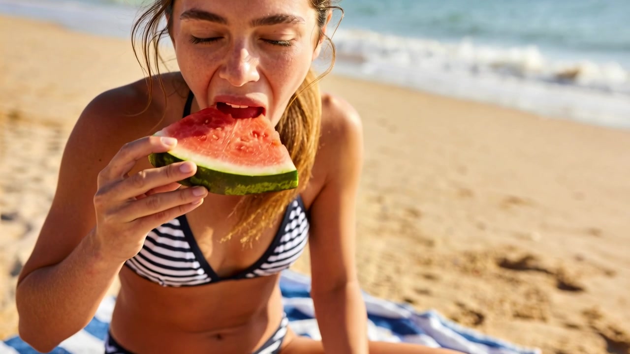 Mujer en bikini de rayas bebiendo de un vaso de plástico, preparando sandía y dando mordiscos en la playa.