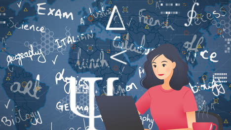 Studying at laptop, woman with animation of educational terms and world map