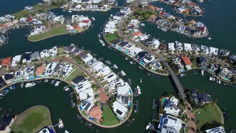 drone shot over sovereign islands in paradise point, gold coast, queensland, australia