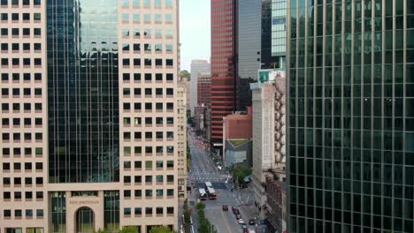 rising aerial of urban city skyscrapers in united states downtown city center