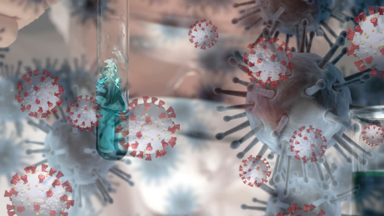 animación de 3d covid 19 células flotando sobre el científico que sostiene el tubo de ensayo con líquido azul