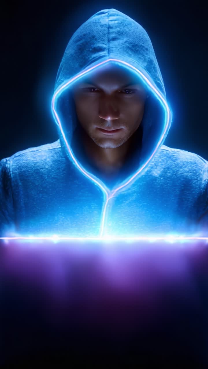 Figura misteriosa con una felpa con cappuccio, illuminata da un’affascinante luce blu, che guarda intensamente un'interfaccia luminosa che suscita curiosità e immaginazione