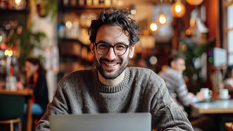 happy young man working on laptop in cafe