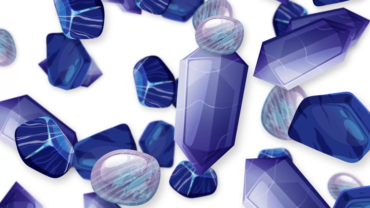 Animated Falling Blue Crystals and Gemstones on White Background
