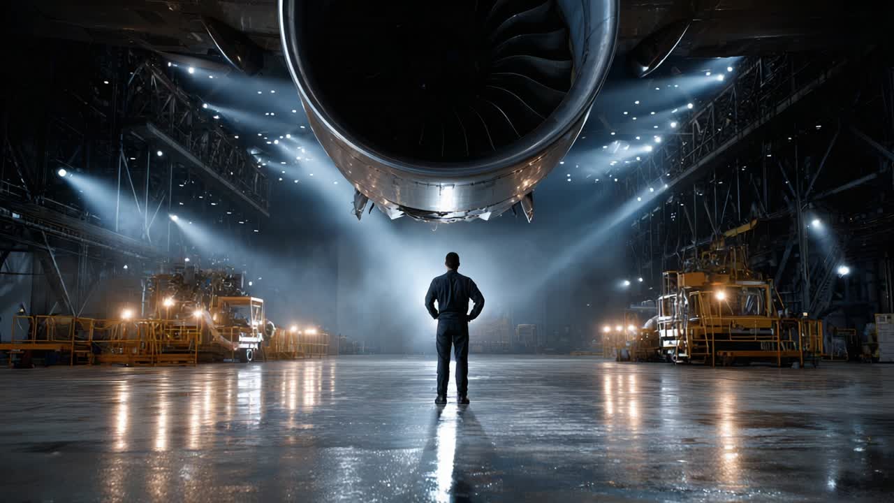 En mekaniker står og måber over en kæmpe jetmotor i en svagt oplyst hangar, der er oplyst af æteriske lys, som reflekteres på det polerede gulv, hvilket fanger luftfartens kraft.