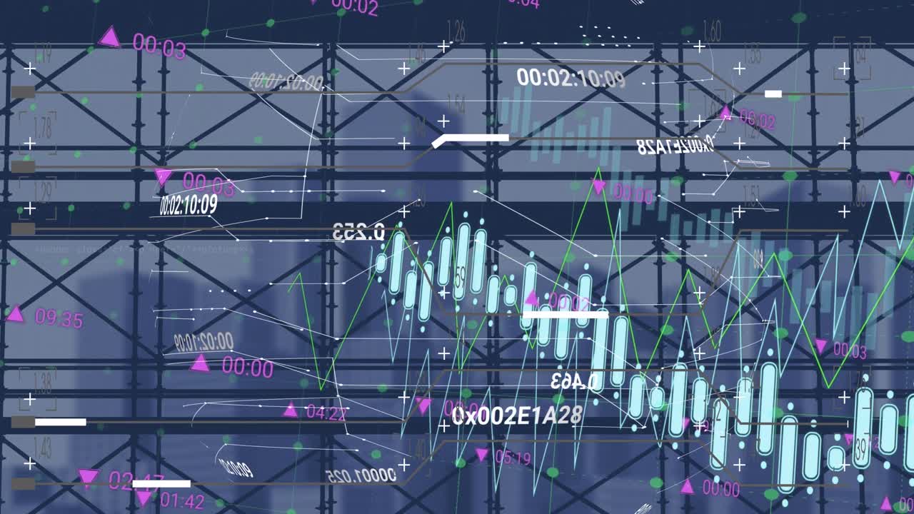 Animation of financial data processing over cityscape
