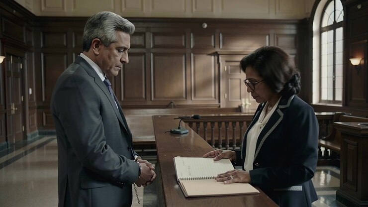 Opening binder, clerk in blazer reading record at lectern, gray-suited man standing holding rosary