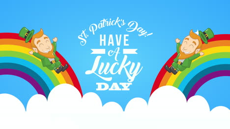 tarjeta animada del día de san patricio con elfos en el arco iris