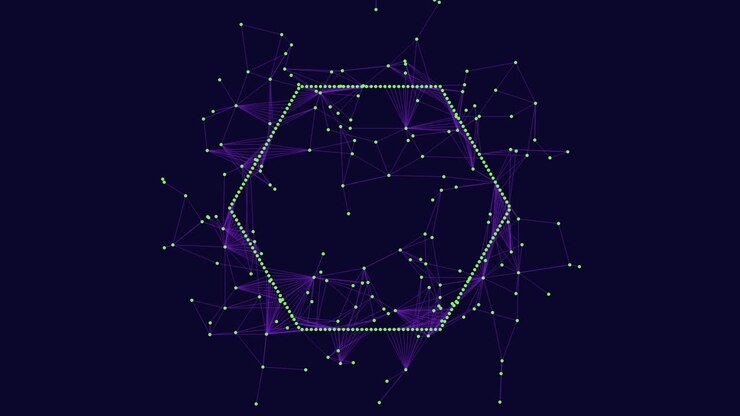 Abstract digital network with hexagon frame, glowing nodes and connections