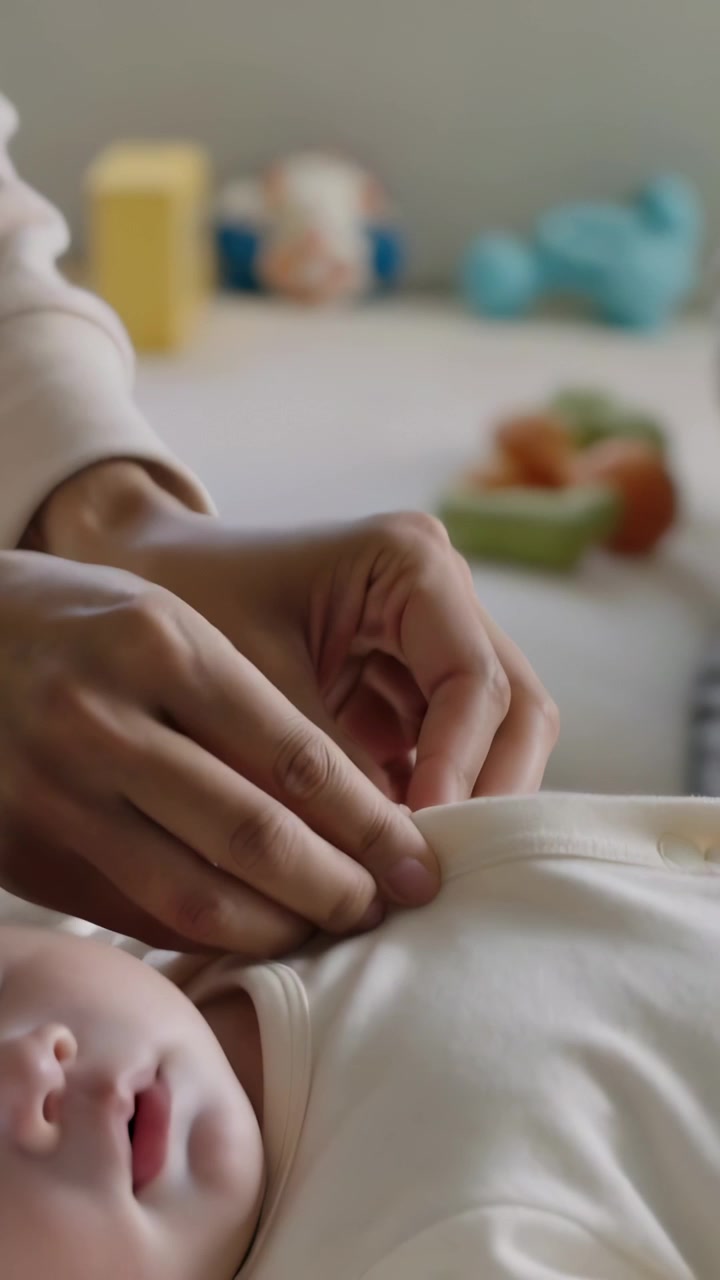 Video verticale: Mani di donna che allacciano una tutina con bottoni a pressione a un neonato sul fasciatoio, assicurando una buona vestibilità.