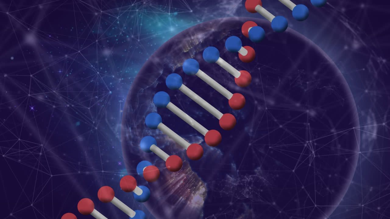Animazione di DNA rotante su punti collegati con globo su interfaccia digitale
