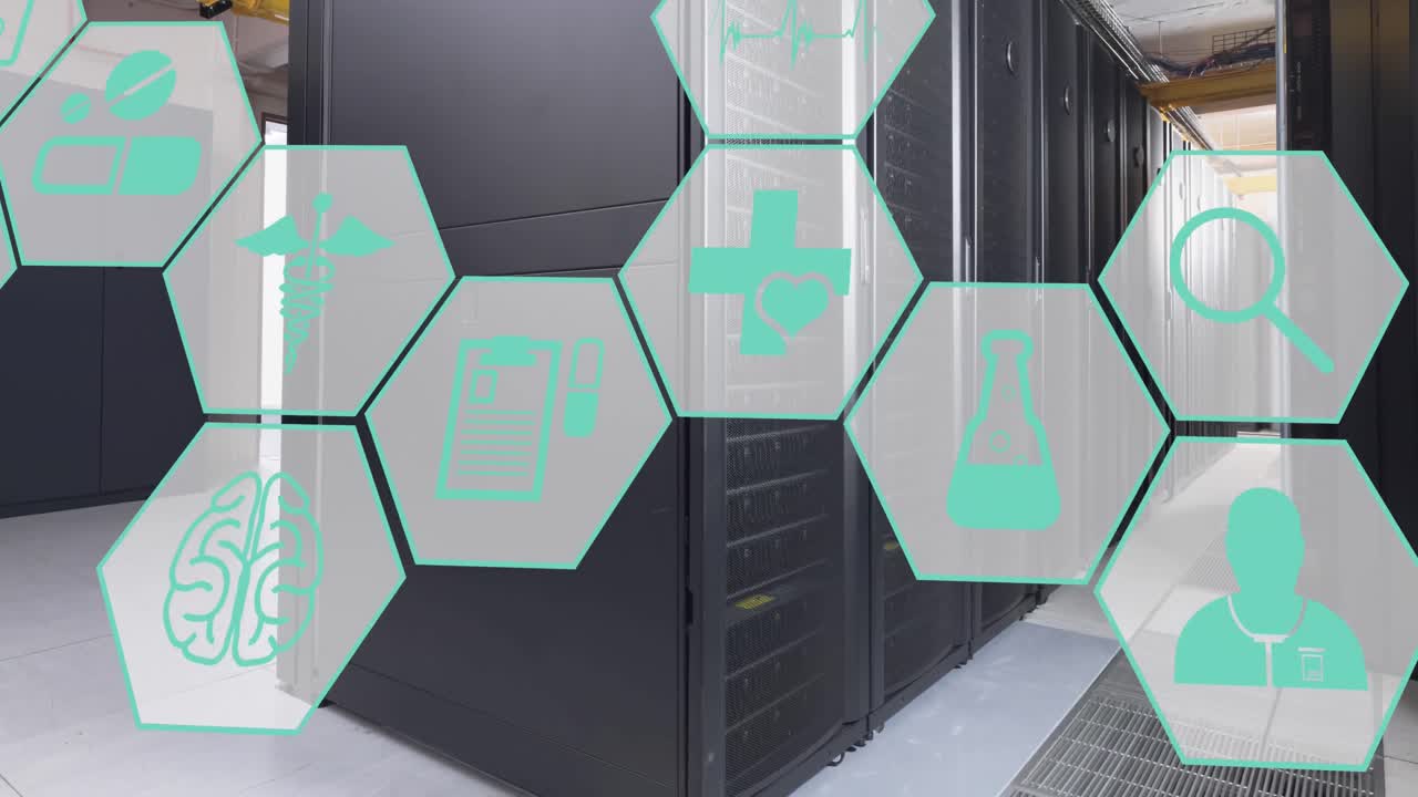 animación de múltiples iconos médicos contra la habitación del servidor de la computadora