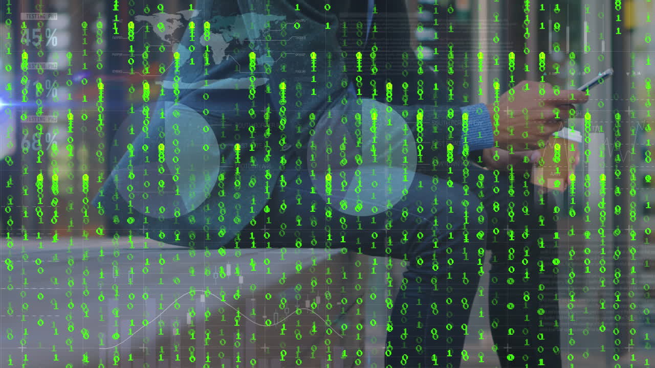 Animation of binary codes, infographic interface, businessman using cellphone and drinking coffee