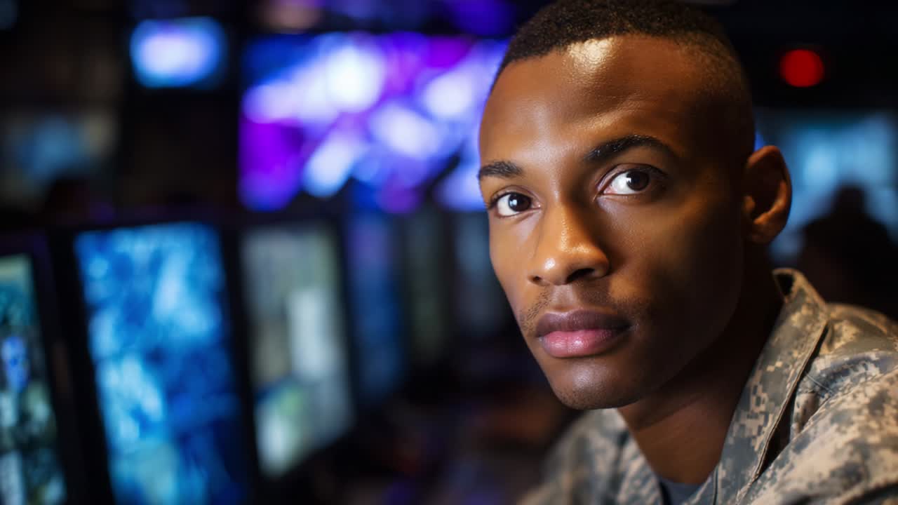 A Focused Military Personnel Analyzing Data in a High-Tech Environment, Deep in Thought with Multiple Computer Screens Displaying Vital Information and Tactical Graphics in the Background