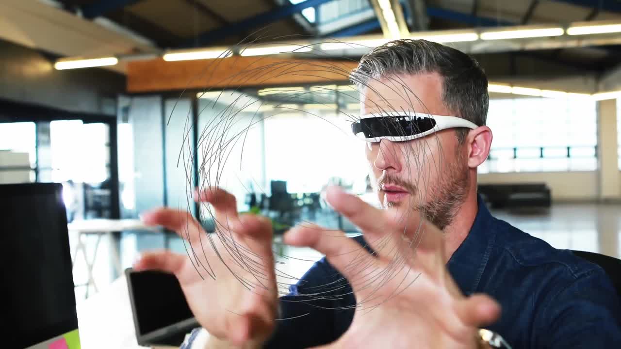 Animation of network of connection with globe over businessman wearing vr headset