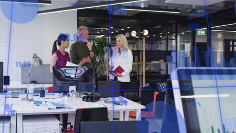 animation of financial data processing over diverse colleagues discussing work in office