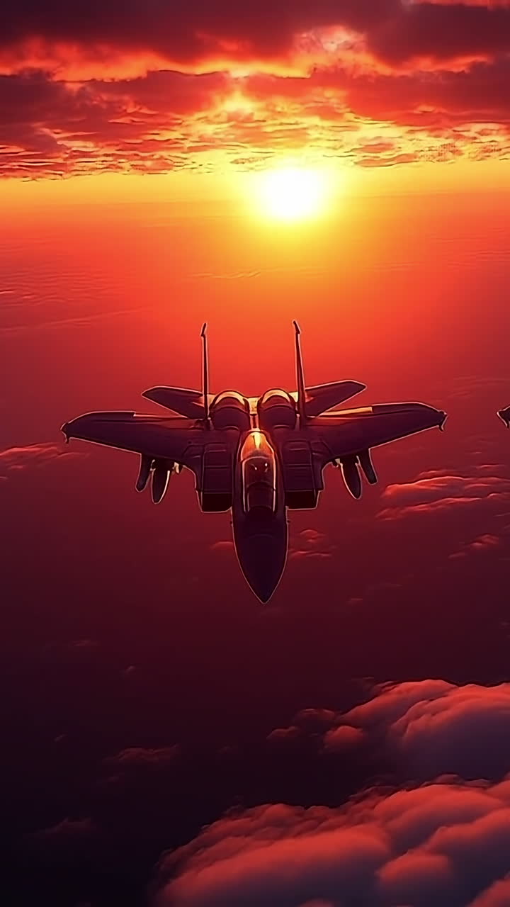 Fighter jets soar through sunset sky. Three jets soar in formation above clouds at sunset, displaying vibrant colors and striking silhouettes.