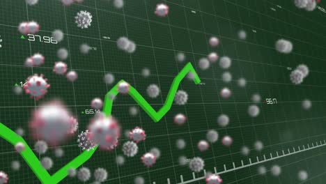 digital animation of multiple covid-19 cells floating against grid network on green background