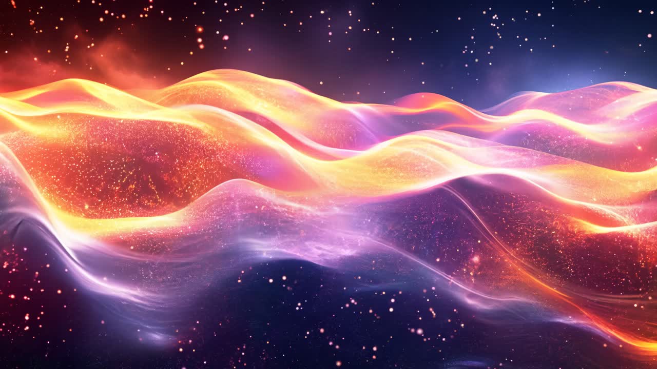 A colorful, swirling line of light and dark blue with orange and purple. The colors are vibrant and the line is wavy