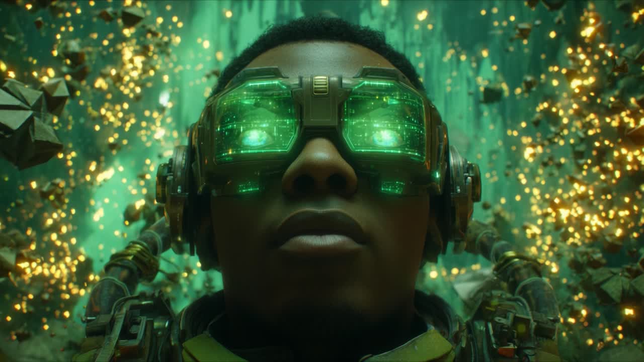 A futuristic figure adorned with glowing green goggles stands against a mesmerizing backdrop of shimmering golden particles, capturing the essence of advanced technology and exploration
