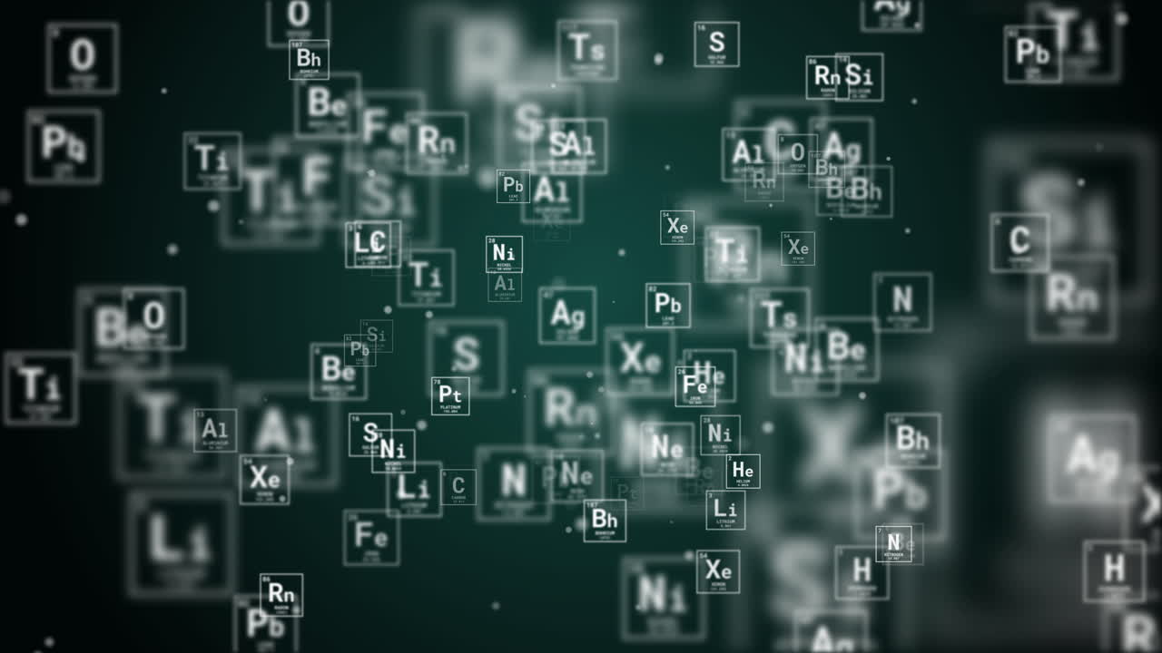 Animation of periodic table of elements on green abstract background. Science concept. Loop motion graphic.