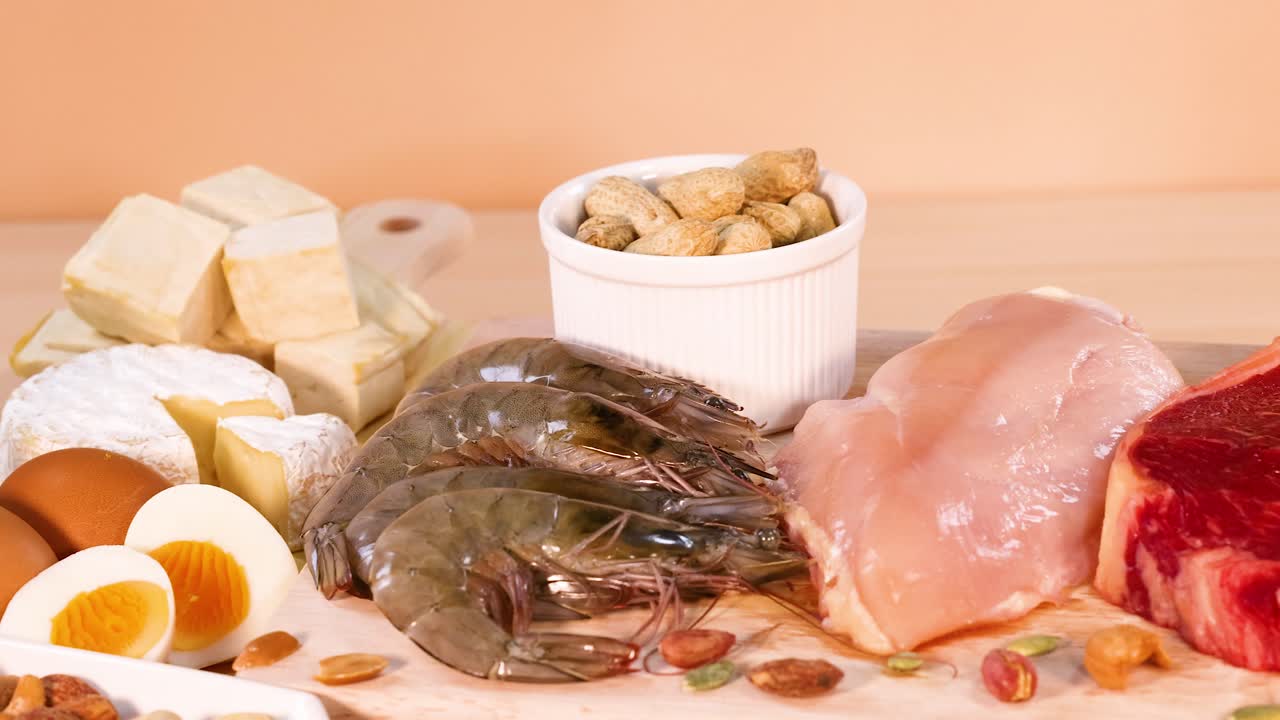 다양한 단백질 소스가 테이블에 배열되어 있습니다.