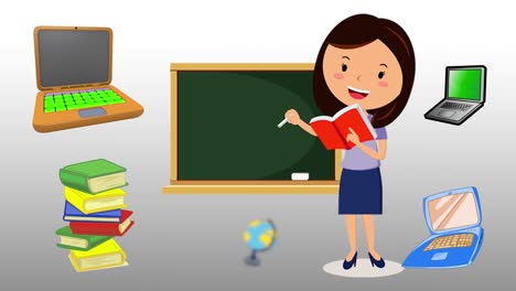 animación de clases en línea durante el coronavirus con computadoras portátiles y libros en segundo plano, profesor escribiendo en pizarra