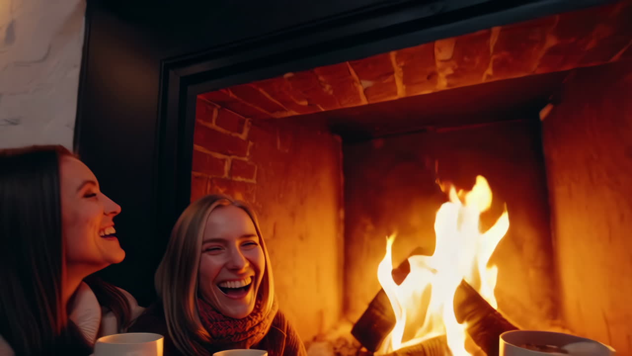 Friends Enjoying a Cozy Evening by the Fireplace