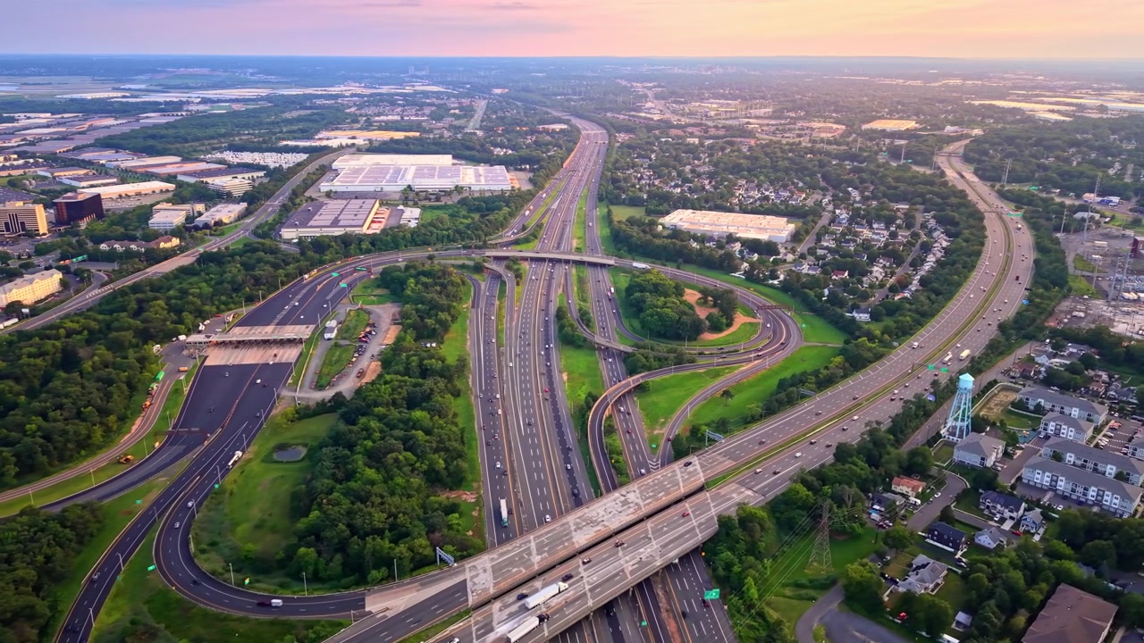 Sunset aerial view of highway interchange near suburb. Elevated perspective of toll plaza, multilane freeway, overpass bridge and residential neighborhood under pink sky. Garden State Parkway