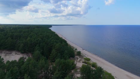 aerial drone footage of plienciems white dune in latvia on a sunny summer day. scenic baltic sea bay views, peaceful nature, and coastal landscape captured in cinematic quality