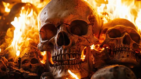 a group of skulls sitting on top of a pile of skulls in flames