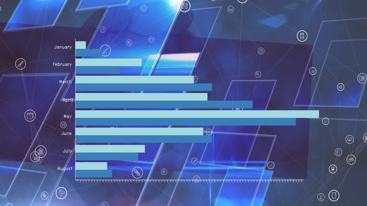 animación de la red de conexiones con iconos sobre formas azules