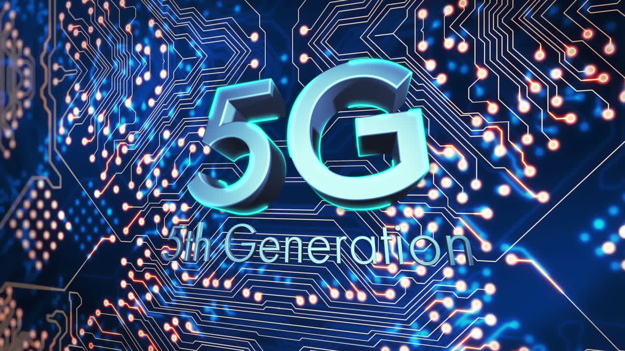 animación de texto de 5g contra conexiones de microprocesador en un patrón sin costuras sobre fondo azul