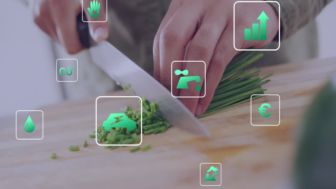 Chopping vegetables in kitchen, sustainability and eco-friendly icons animation
