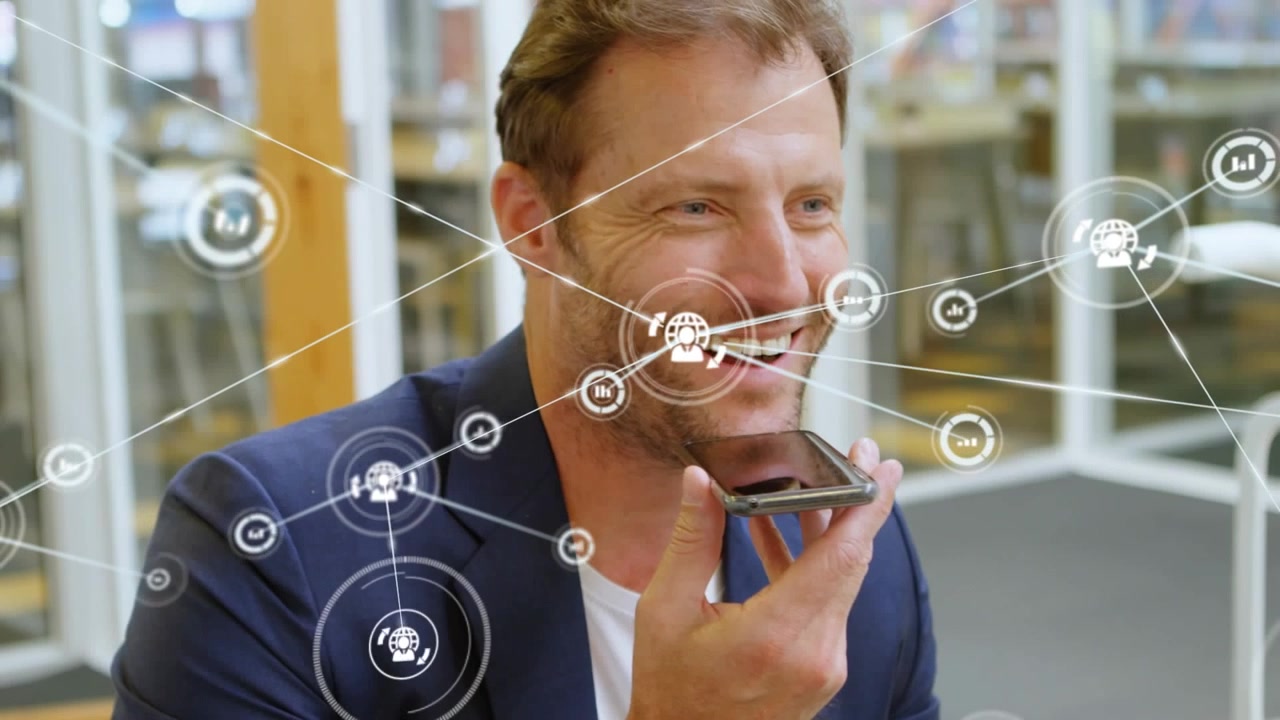 Animation af netværk af forbindelser med ikoner over forretningsmand, der taler i smartphone