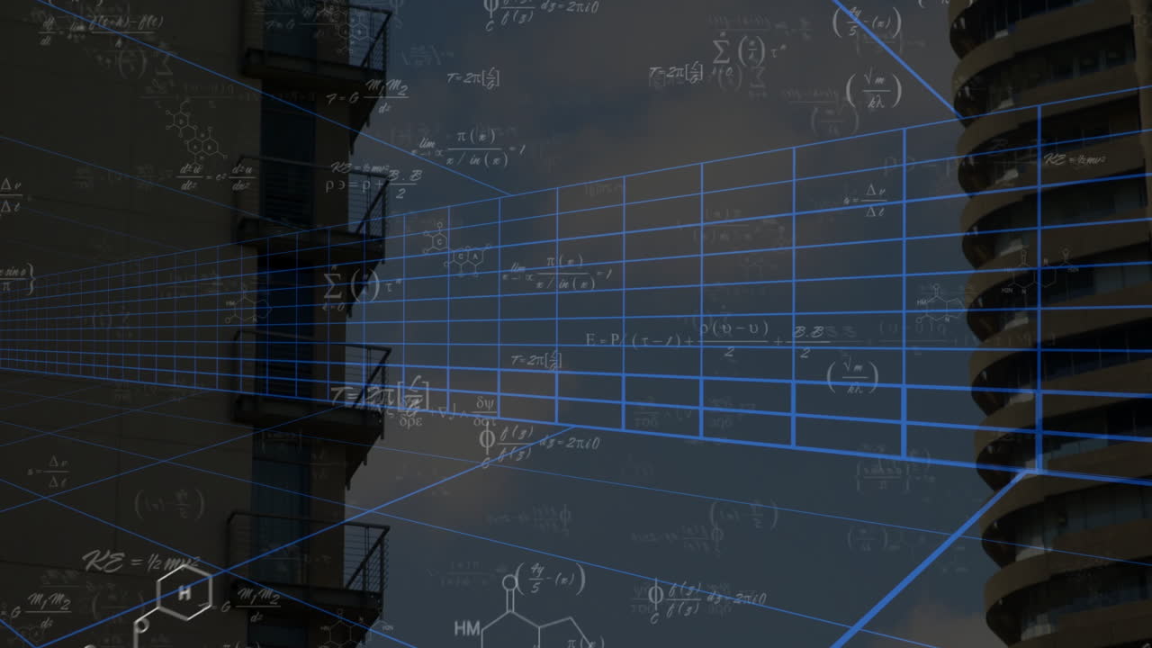 Animation of mathematical equations and grid lines overlaying industrial structure silhouette