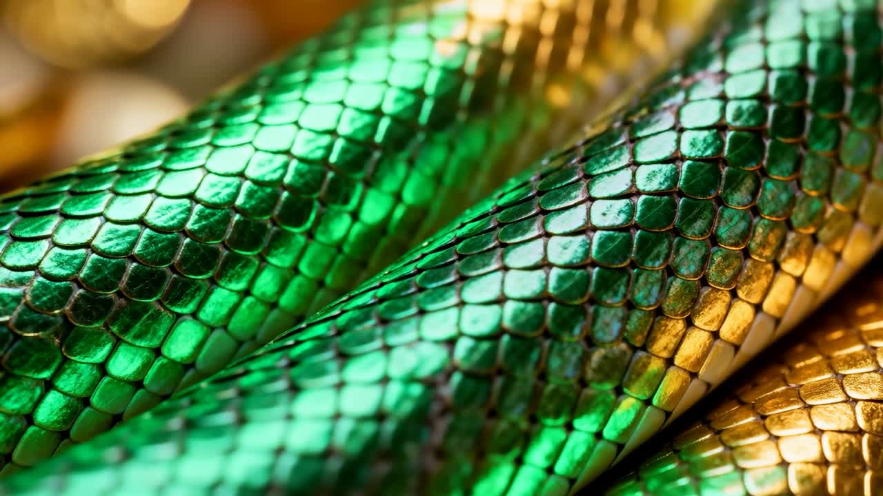 Changer la caméra pour révéler le corps enroulé d’un serpent dans un studio, montrant des écailles vert doré brillantes, bokeh chaleureux
