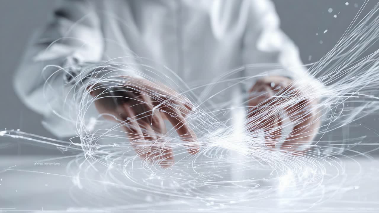 Dynamic Interaction of Hands with Flowing Light Trails, Creating Patterns and Energy, Symbolizing Connection and Data Manipulation in an Abstract Digital Environment