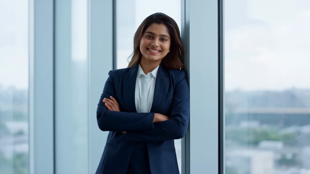 Selvsikker ung indisk forretningskvinde smilende på moderne kontor