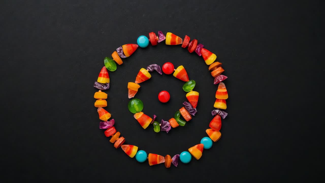 Rotating candy mandala slowly on dark mat at sequence start, with gumdrops candy corn coated discs