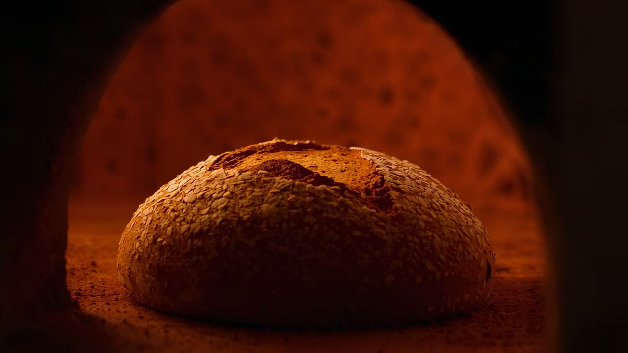 Browning flour-dusted artisan loaf rising, cracking, deepening on oven floor from glowing back wall