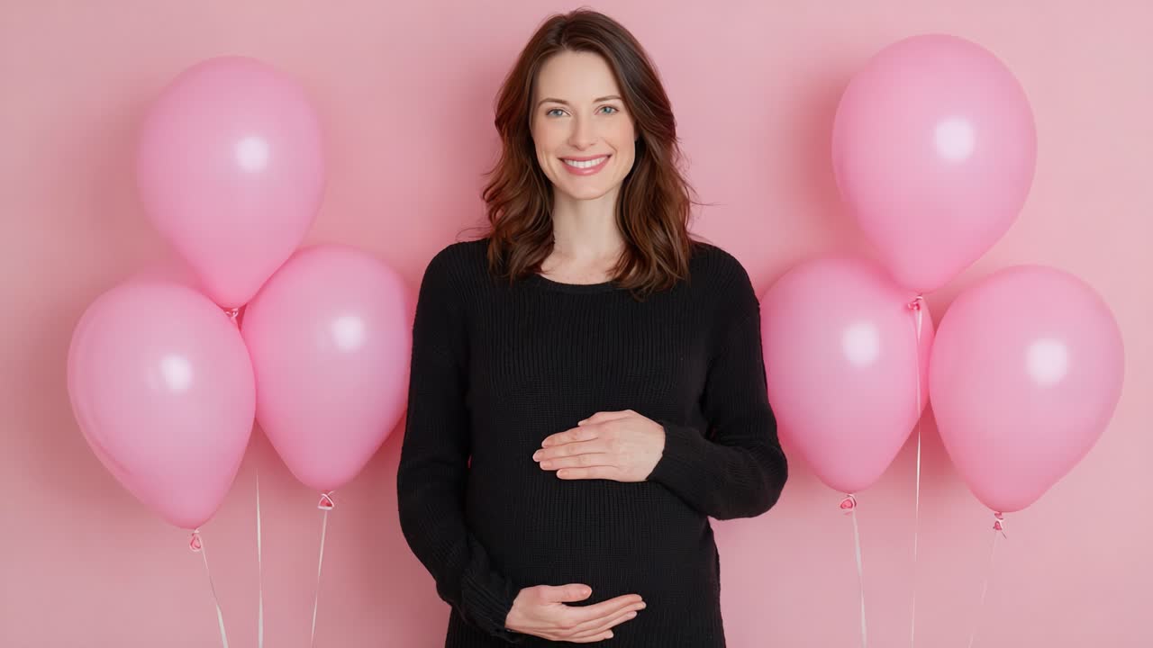 Um momento alegre celebrando a gravidez: uma futura mamãe sorrindo e posando com balões rosa contra um plano de fundo rosa suave, capturando amor e expectativa