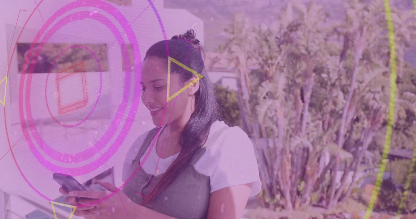 Woman scrolling phone causing neon shapes receding, revealing veranda, reading messages in tech